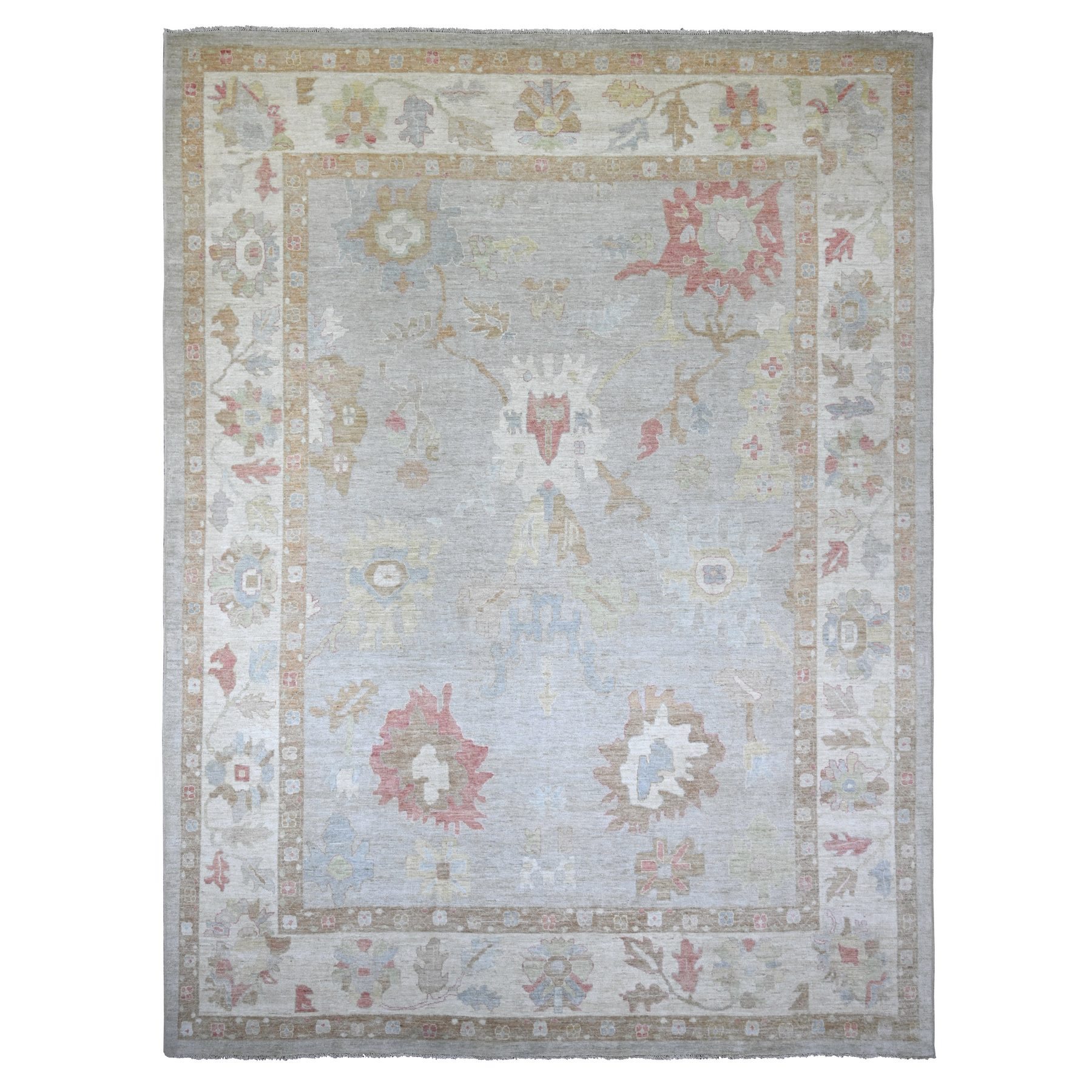 Medium Gray, Afghan Angora Oushak with Large Leaf Design, Hand Knotted, 100% Wool, Vegetable Dyes, XL, Oversized, Oriental Rug
